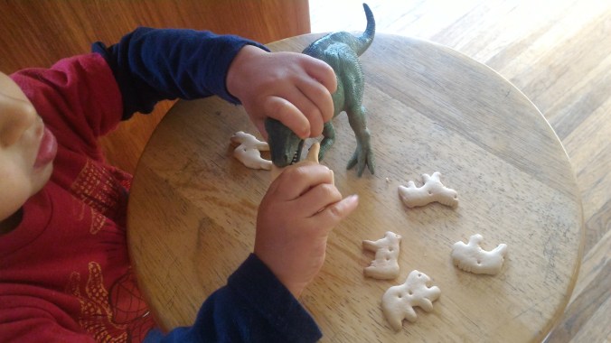 Feeding his toy dinosaur.